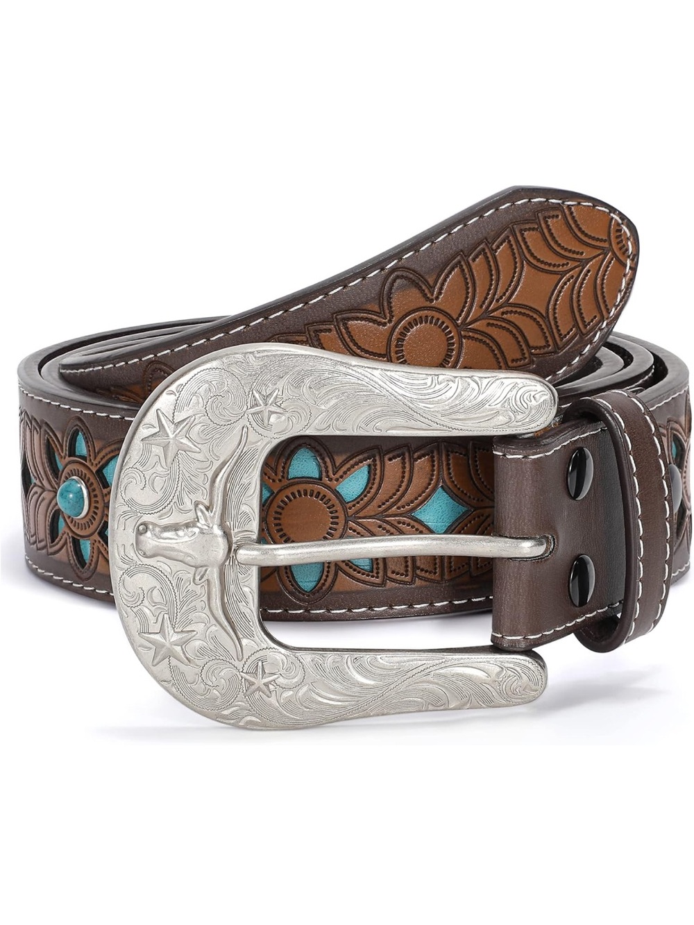 Vintage Genuine Brown Leather Western Belt with Turquoise Accents Silver Buckle